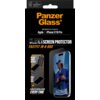 Czarne opakowanie produktu z dużym, pomarańczowym napisem "PanzerGlass" oraz białym tekstem "Ultra-Wide Fit Screen Protection for: Apple iPhone 17/16 Pro". Na opakowaniu znajduje się również ilustracja telefonu z nałożonym szkłem ochronnym oraz instrukcje