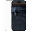 Na zdjęciu widoczne jest szkło hartowane PANZERGLASS Stealth Ultra-Wide Fit Fastfit do Apple iPhone 17 Air, nałożone na ekran telefonu, na którym wyświetlany jest obraz myśliwca lecącego nad chmurami o zmierzchu. Szkło ma wycięcia na głośnik i kamerę, a j
