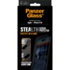 Czarne opakowanie produktu z napisem "PanzerGlass" w kolorze pomarańczowym oraz białym tekstem "Ultra-Wide Fit Screen Protection for: Apple iPhone 17 Air". Na opakowaniu znajdują się również napisy: "STEALTH SCREEN PROTECTOR", "FASTFIT IN-A-BOX", "PLACE Y