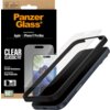 Opakowanie produktu "PanzerGlass" z napisem "Screen Protection for: Apple iPhone 17 Pro Max" oraz "Clear Classic Fit" jest widoczne obok telefonu z nałożonym szkłem ochronnym. Na opakowaniu znajdują się również informacje: "Impact and Scratch Resistance",