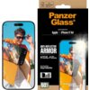 Opakowanie produktu "PanzerGlass" z napisem "Screen Protection for: Apple iPhone 17 Air" oraz "Anti-Reflective Armor" z informacjami o lepszej przepuszczalności światła i niższej refleksyjności. Obok opakowania znajduje się telefon z nałożonym szkłem ochr