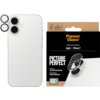 Na zdjęciu znajduje się biały telefon z dwoma obiektywami aparatu oraz opakowanie produktu PanzerGlass z napisem "PICTURE PERFECT" i informacjami o ochronie przed zarysowaniami i upadkami. Na opakowaniu widnieje także logo PanzerGlass oraz informacja, że 