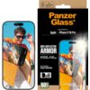 Opakowanie produktu PanzerGlass zawiera napis "Screen Protection for: Apple iPhone 17/16 Pro" oraz informacje o właściwościach szkła, takich jak "Anti-Reflective Armor", "Better Light Transmittance", "Lower Reflectivity" i "Ground-breaking Drop Protection