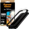 Opakowanie produktu PanzerGlass z napisem "Screen Protection for: Apple iPhone 17/16 Pro" oraz "Anti-Reflective Armor" z ikonami wskazującymi na lepszą przepuszczalność światła i niższą refleksyjność. Obok opakowania znajduje się szkło hartowane nałożone 