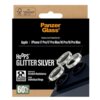 Opakowanie produktu PanzerGlass z napisem "Camera Lens Protection for: Apple | iPhone 17 Pro/17 Pro Max/16 Pro/16 Pro Max" oraz "HoOps™ GLITTER SILVER". Widoczne są trzy srebrne pierścienie, a na dole opakowania znajduje się informacja "60% Recycled Glass