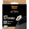 Opakowanie produktu PanzerGlass z napisem "Camera Lens Protection for: Apple | iPhone 17 Air" oraz "Hoops Glitter Gold". Widoczne są także informacje: "Impact and Scratch Resistance", "Stylish Ring Design", "Applicator Integrated" oraz "60% Recycled Glass