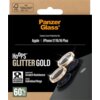 Opakowanie produktu z napisem "Panzer Glass" oraz "Camera Lens Protection for: Apple iPhone 17/16/16 Plus" na czarnym tle, z grafiką przedstawiającą złote pierścienie na obiektywie telefonu. Dodatkowe informacje to "Hoops Glitter Gold", "Impact and Scratc