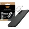 Opakowanie produktu PanzerGlass z napisem "Camera Lens Protection for: Apple iPhone 17/16/16 Plus" oraz "HoOPS GLITTER SILVER" znajduje się obok czarnego telefonu z dwoma obiektywami, na które nakładane są srebrne pierścienie ochronne. Na opakowaniu widni