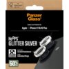 Opakowanie produktu z napisem "Panzer Glass" oraz "Camera Lens Protection for: Apple | iPhone 17/16/16 Plus". Widoczne są także napisy "HoOPS GLITTER SILVER", "Impact and Scratch Resistance", "Stylish Individual Rings", "APPLICATOR INTEGRATED" oraz "60% R