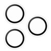 Trzy okrągłe nakładki z czarnym obramowaniem na białym tle. Produkt to "Nakładka na obiektyw PANZERGLASS Hoops do Apple iPhone 16 Pro/16 Pro Max/17 Pro/17 Pro Max".