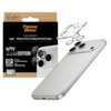 Opakowanie produktu PanzerGlass Hoops Clear Edition do ochrony obiektywu aparatu dla modeli Apple iPhone 17 Pro/17 Pro Max/16 Pro/16 Pro Max, z widocznymi trzema pierścieniami ochronnymi i telefonem z trzema obiektywami. Na opakowaniu znajdują się napisy: