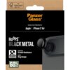 Opakowanie produktu z napisem "PanzerGlass" oraz "Camera Lens Protection for: Apple | iPhone 17 Air" na czarnym tle, z grafiką przedstawiającą szkło ochronne na obiektyw telefonu. Dodatkowe informacje to "HoOPS BLACK METAL", "Impact and Scratch Resistance