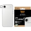 Na zdjęciu widoczna jest nakładka na obiektyw telefonu oraz opakowanie produktu PanzerGlass Hoops Clear Edition, przeznaczonego do ochrony obiektywu Apple iPhone 17 Air. Na opakowaniu znajdują się napisy: "Impact and Scratch Resistance", "Stylish Ring Des