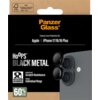 Opakowanie produktu PanzerGlass z napisem "Camera Lens Protection for: Apple iPhone 17/16/16 Plus" oraz "HoOPS BLACK METAL". Widoczne są także informacje o odporności na uderzenia i zarysowania, zintegrowanym aplikatorze, stylowych indywidualnych pierście