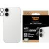 Białe urządzenie z dwoma obiektywami aparatu, obok opakowanie produktu z napisem "PanzerGlass Hoops Clear Edition" oraz informacjami o kompatybilności z Apple iPhone 17/16/16 Plus. Na opakowaniu widoczne są także ikony i teksty dotyczące odporności na ude