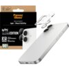Opakowanie produktu PanzerGlass Hoops Clear Edition do ochrony obiektywu aparatu dla Apple iPhone 17/16/16 Plus, z widocznymi napisami: "Impact and Scratch Resistance", "Stylish Individual Rings", "60% Recycled Glass". Obok opakowania znajduje się telefon