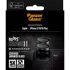 Czarne opakowanie produktu z logo "Panzer Glass" na górze, zawierające informacje o ochronie obiektywu aparatu dla Apple iPhone 17/16/16 Plus. Na opakowaniu widnieją napisy: "HoOPS Ceramic II", "NANOCERAM", "CERTIFIED JAPANESE GLASS", "5X STRONGER", "APPL