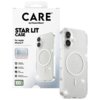 Opakowanie etui do Apple iPhone 17 z napisem "CARE by PanzerGlass STAR LIT CASE" oraz widocznym etui w kolorze białym z okrągłym wzorem MagSafe. Na opakowaniu znajdują się informacje: "1 YEAR ANTI-YELLOWING GUARANTEE", "MagSafe compatible", "4.8 meter dro