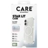 Opakowanie produktu z przezroczystym etui na telefon, z widocznymi napisami: "CARE by PanzerGlass", "STAR LIT CASE", "For Apple iPhone 17", "1 YEAR ANTI-YELLOWING GUARANTEE", "MagSafe compatible", "4.8 meter drop tested", "Slim yet strong", "Enhanced came