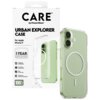 Przezroczyste etui do Apple iPhone 17 z widocznym okręgiem MagSafe, obok opakowanie z napisem "CARE by PanzerGlass URBAN EXPLORER CASE For Apple iPhone 17". Na opakowaniu znajdują się informacje: "1 YEAR ANTI-YELLOWING GUARANTEE", "MagSafe compatible", "4