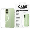 Przezroczyste etui na telefon z okrągłym wycięciem na MagSafe, obok opakowania z napisem "CARE by PanzerGlass URBAN EXPLORER CASE For Apple iPhone 17". Na opakowaniu widnieją dodatkowe informacje: "1 YEAR ANTI-YELLOWING GUARANTEE", "MagSafe compatible", "