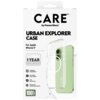 Opakowanie produktu "CARE by PanzerGlass Urban Explorer Case" do Apple iPhone 17, z przezroczystym etui i zielonym telefonem w tle, zawiera informacje o kompatybilności z MagSafe, odporności na upadki z 4,8 metra, smukłej konstrukcji oraz wzmocnionej ochr