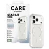 Opakowanie produktu z napisem "CARE by PanzerGlass STAR LIT CASE For Apple iPhone 17 Pro" oraz zdjęcie przezroczystego etui z trzema wycięciami na aparaty i okrągłym wzorem MagSafe. Na opakowaniu widoczne są dodatkowe informacje: "1 YEAR ANTI-YELLOWING GU