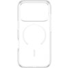 Przezroczyste etui na telefon z widocznym okrągłym wzorem na środku, przeznaczone do modelu Apple iPhone 17 Pro. W dolnej części etui znajduje się napis "CARE".