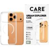 Przezroczyste etui na telefon z okrągłym wzorem jest umieszczone obok złotego telefonu z trzema aparatami. Obok znajduje się opakowanie z napisem: "CARE by PanzerGlass URBAN EXPLORER CASE For Apple iPhone 17 Pro," oraz informacjami: "1 YEAR ANTI-YELLOWING