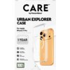 Przeźroczyste etui na telefon z napisem "CARE by PanzerGlass" oraz "URBAN EXPLORER CASE For Apple iPhone 17 Pro" jest pokazane obok złotego telefonu. Na zdjęciu widnieją również ikony z opisami: "MagSafe compatible", "4.8 meter drop tested", "Slim yet str