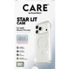 Na zdjęciu znajduje się przezroczyste etui na telefon z trzema wycięciami na aparaty, oznaczone jako "CARE by PanzerGlass STAR LIT CASE For Apple iPhone 17 Pro Max". Widoczne są również ikony i teksty informujące o kompatybilności z MagSafe, odporności na