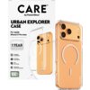 Przezroczyste etui na telefon z widocznym okrągłym wzorem, zaprezentowane na pomarańczowym telefonie, obok opakowania z napisem "CARE by PanzerGlass URBAN EXPLORER CASE For Apple iPhone 17 Pro Max". Na opakowaniu znajdują się dodatkowe informacje: "1 YEAR