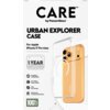 Przezroczyste etui na telefon z napisem "CARE by PanzerGlass" oraz "URBAN EXPLORER CASE For Apple iPhone 17 Pro Max" jest pokazane obok złotego telefonu. Na zdjęciu znajdują się także ikony z opisami: "MagSafe compatible", "4.8 meter drop tested", "Slim y
