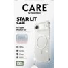 Na zdjęciu znajduje się przezroczyste etui z okrągłym wzorem, przeznaczone dla Apple iPhone 17 Air, z tekstem: "CARE by PanzerGlass", "STAR LIT CASE", "1 YEAR ANTI-YELLOWING GUARANTEE", oraz ikonami i opisami funkcji: "MagSafe compatible", "4.8 meter drop