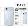 Przezroczyste etui na telefon z okrągłym wycięciem na MagSafe, obok opakowanie z napisem "CARE by PanzerGlass URBAN EXPLORER CASE For Apple iPhone 17 Air". Na opakowaniu widnieją informacje: "1 YEAR ANTI-YELLOWING GUARANTEE", "MagSafe compatible", "4.8 me