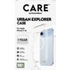 Białe opakowanie z przezroczystym etui na telefon, z widocznym napisem "CARE by PanzerGlass" oraz "URBAN EXPLORER CASE For Apple iPhone 17 Air". Na opakowaniu znajdują się ikony z opisami: "MagSafe compatible", "4.8 meter drop tested", "Slim yet strong", 