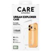 Opakowanie produktu z napisem "CARE by PanzerGlass" oraz "URBAN EXPLORER CASE For Apple iPhone 17 Pro", przedstawiające przezroczyste etui na złotym telefonie. Na opakowaniu znajdują się informacje: "1 YEAR ANTI-YELLOWING GUARANTEE", "4.8 meter drop teste