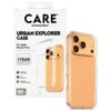 Przezroczyste etui na telefon z trzema widocznymi aparatami, obok opakowanie z napisem "CARE by PanzerGlass URBAN EXPLORER CASE For Apple iPhone 17 Pro". Na opakowaniu znajdują się informacje: "1 YEAR ANTI-YELLOWING GUARANTEE", "4.8 meter drop tested", "S