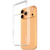 Przezroczyste etui na telefon z napisem "CARE by PanzerGlass" jest pokazane obok pomarańczowego telefonu z trzema widocznymi obiektywami aparatu. Etui ma wycięcia na przyciski i aparat, a jego krawędzie są zaokrąglone.