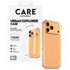 Opakowanie produktu z napisem "CARE by PanzerGlass URBAN EXPLORER CASE For Apple iPhone 17 Pro Max" oraz "1 YEAR ANTI-YELLOWING GUARANTEE". Obok opakowania znajduje się przezroczyste etui na telefon, a na opakowaniu widoczne są dodatkowe informacje: "4.8 