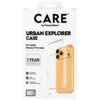 Opakowanie produktu z napisem "CARE by PanzerGlass URBAN EXPLORER CASE For Apple iPhone 17 Pro Max" oraz "1 YEAR ANTI-YELLOWING GUARANTEE". Widoczne są również ikony z informacjami: "4.8 meter drop tested", "Slim yet strong", "Enhanced camera protection" 
