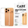 Przezroczyste etui na telefon jest pokazane obok opakowania z napisem "CARE by PanzerGlass URBAN EXPLORER CASE For Apple iPhone 17 Pro Max". Na opakowaniu widnieją dodatkowe informacje: "1 YEAR ANTI-YELLOWING GUARANTEE", "4.8 meter drop tested", "Slim yet