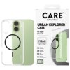 Przezroczyste etui z czarnym okręgiem na zielonym telefonie obok opakowania z napisem "CARE by PanzerGlass URBAN EXPLORER CASE For Apple iPhone 17". Na opakowaniu widoczne są informacje: "1 YEAR ANTI-YELLOWING GUARANTEE", "MagSafe compatible", "4.8 meter 