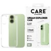Przezroczyste etui na telefon z napisem "CARE" jest pokazane obok opakowania z tekstem: "CARE by PanzerGlass, URBAN EXPLORER CASE, For Apple iPhone 17, 1 YEAR ANTI-YELLOWING GUARANTEE, 4.8 meter drop tested, Slim yet strong, Enhanced camera protection, 10