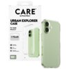 Opakowanie produktu z napisem "CARE by PanzerGlass URBAN EXPLORER CASE For Apple iPhone 17" oraz "1 YEAR ANTI-YELLOWING GUARANTEE". Obok opakowania znajduje się przezroczyste etui na telefon z widocznymi przyciskami i otworami na aparat.