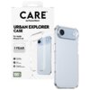 Przezroczyste etui na telefon jest przedstawione obok opakowania z napisem "CARE by PanzerGlass URBAN EXPLORER CASE For Apple iPhone 17 Air". Na opakowaniu widnieją informacje: "1 YEAR ANTI-YELLOWING GUARANTEE", "4.8 meter drop tested", "Slim yet strong",