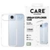 Przezroczyste etui na telefon jest pokazane obok opakowania z napisem "CARE by PanzerGlass URBAN EXPLORER CASE For Apple iPhone 17 Air". Na opakowaniu widnieją dodatkowe informacje: "1 YEAR ANTI-YELLOWING GUARANTEE", "4.8 meter drop tested", "Slim yet str