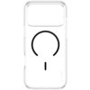 Przezroczyste etui z czarnym okręgiem i pionową linią na środku, z napisem "CARE" w dolnym rogu. Produkt jest przeznaczony do Apple iPhone 17 Pro Max i posiada funkcję MagSafe.