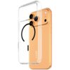 Przezroczyste etui z czarnym okręgiem na tylnej części jest pokazane obok pomarańczowego telefonu z trzema aparatami. Na etui widoczny jest napis "CARE by PanzerGlass".