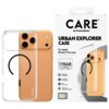 Przezroczyste etui na telefon z czarnym wzorem, obok którego znajduje się opakowanie z napisem "CARE by PanzerGlass URBAN EXPLORER CASE For Apple iPhone 17 Pro Max". Na opakowaniu widoczne są dodatkowe informacje: "1 YEAR ANTI-YELLOWING GUARANTEE", "MagSa